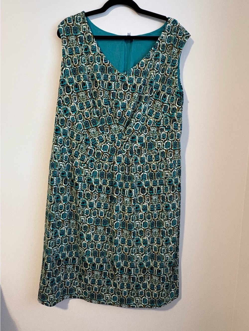 Jones Studio Teal Geometric Sheath Dress Size 16W Sleeveless Faux Wrap Career
